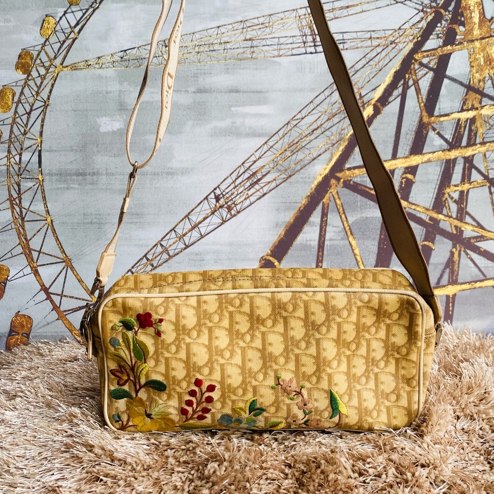Christian Dior Trotter Pattern Monogram Vintage Flower Embroidery Crossbody Bag